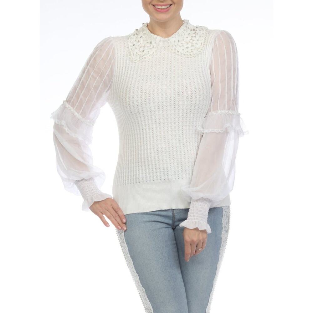 AZI Jeans Women's Size XL White Dressy Sweater Sheer Puff Sleeves Pearls NWT